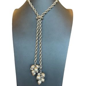 Vintage Chunky Rope Lariat Bolo Silver Tone Necklace Tassel Beads 28" Length